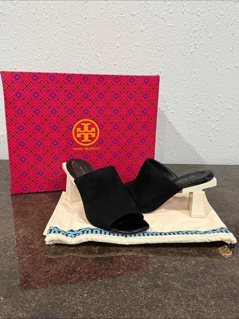 Tory Burch Black Suede Open-Toe Block Heel Mules Sandal Size 6